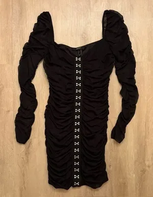 Forever 21 Sexy Black Ruched Mesh Mini Dress Long Sleeves Medium thumbnail 1