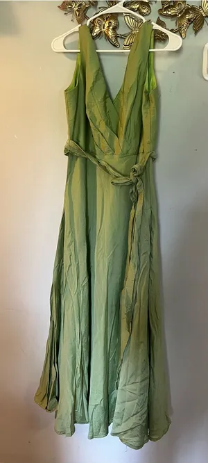 Wtoo Light Green V-Neck Maxi Dress with Waist Tie thumbnail 1