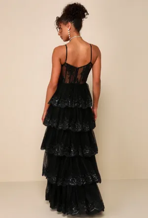 Lulus Alluring sensation Black Tulle Embroidered Tiered Maxi Dress thumbnail 2
