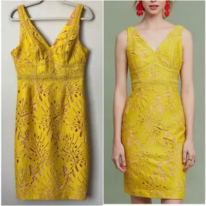 Anthropologie Maeve Lace‎ Gardenia Sheath V-Neck Yellow Dress size 4 thumbnail 2
