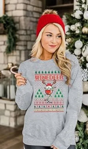 Gray 'WINEDEER' Holiday Graphic Sweatshirt thumbnail 1