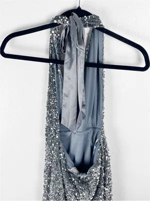 SELFIE LESLIE Gray Sequins Halter Top Low Back Mini Dress Medium Party Date Boho thumbnail 8