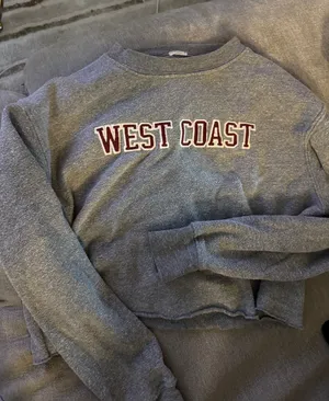 Brandy Melville Gray 'West Coast' Crop Sweatshirt with Maroon Lettering thumbnail 1