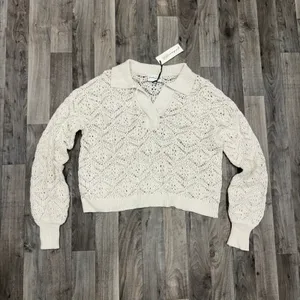 Cream crochet knit collared pointelle sweater Size M thumbnail 2