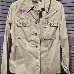 Harley‎ Davidson Studded Military Style Jacket Olive Green Womens Size S thumbnail 3