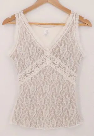 Y2K Lace Babydoll Cami Tank Top Womens Size L White Tan Coquette Fairy Layering thumbnail 1