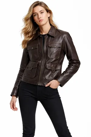 NEW Beware Women's Brown Utility Jacket Size M Faux Leather Biker Military‎ thumbnail 1