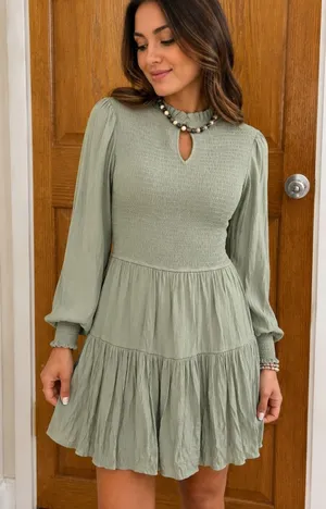 Women’s Sage Green Smocked Tiered Mini Dress Long Sleeve Size Small thumbnail 1