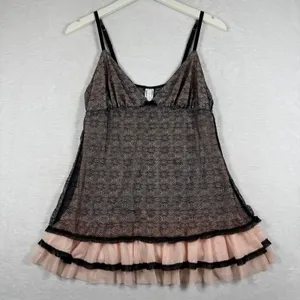 Jessica Simpson Black Pink Lace Ruffle Babydoll‎ Chemise JS60630 Womens Medium thumbnail 1