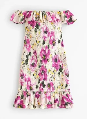 NWT Abercrombie & Fitch Pink Floral Smocked Off Shoulder Mini Dress thumbnail 1