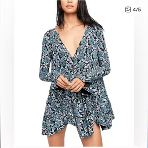 Free People NWT “Olivia” blue and green floral print swingy tunic mini dress. M thumbnail 2