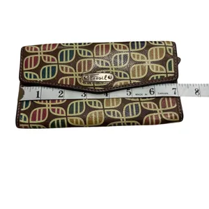 Fossil Leather Checkbook Wallet Brown‎ Retro Print Bifold thumbnail 4