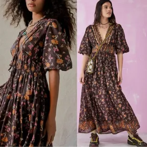Free People Lysette Maxi Dress Floral Brown Small Bohemian Gypsy Hippie Bells thumbnail 13