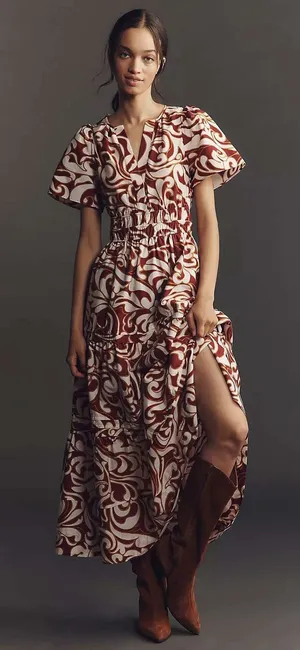 Anthropologie Somerset Maxi‎ Dress XS Burgundy Cream Printed Smocked Tiered NEW thumbnail 1