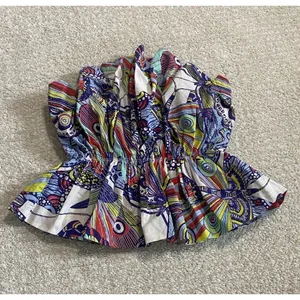 Anthropologie Strapless Smocked Ruffle Blouse Multicolor Cotton Abstract XS thumbnail 2