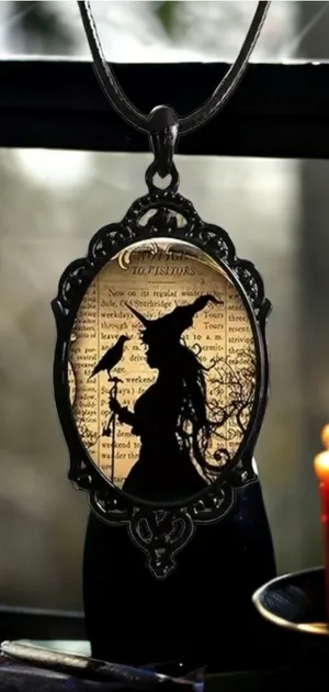 Witch And Raven Cameo Black Pendant, Vintage Style Gothic‎ Crow Glass Pedant thumbnail 1