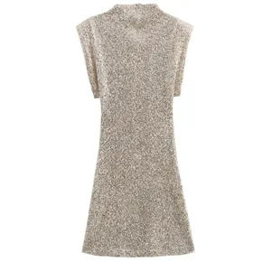 NWOT Champagne Glitter Sequin Mock Neck‎ Bodycon Mini Dress Small thumbnail 3