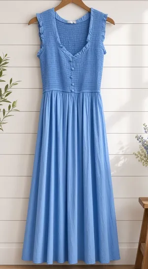 Light Blue Smocked Midi Dress V-Neck Button Front Ruffle Small thumbnail 1