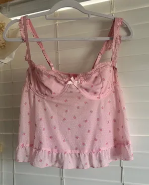 Edikted Pink polka dot Floral print Lace Underwire Babydoll Cami Top Size L thumbnail 1