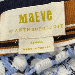 Maeve by Anthropologie Wrap Blouse Blue White Black Print‎ Smocked Waist XS thumbnail 7