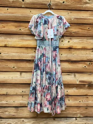 Mac Duggal Size 2 Blue Floral Flutter Lace Trim Midi Dress Gown thumbnail 6