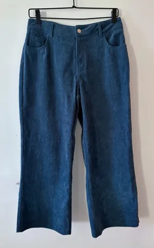 EDIKTED High Waist Wide Leg Cropped Blue Corduroy Pants Womens Small thumbnail 1