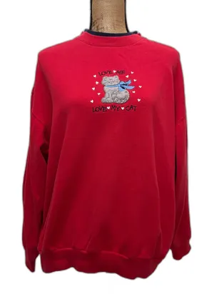 MC Sportswear Vintage 90s Collared Sweatshirt Red Love Me Love My Cat Size Large thumbnail 1