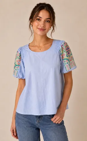 Jodifl‎ Womens Light Blue Embroidered Puff Sleeve Pintuck Blouse H21115 Size M thumbnail 1