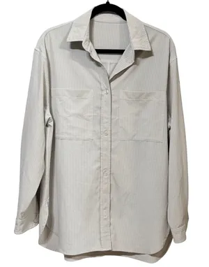 Alo Yoga Womens Pinstripe Long Sleeve Button Down Shirt Grey White Athleisure thumbnail 1