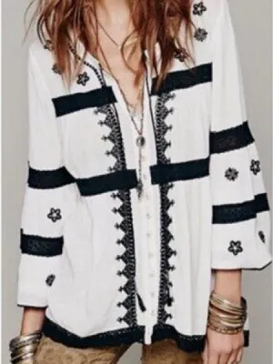 Free People White Button Down Top Black Embroidery & Lace Detail Boho Festival thumbnail 2