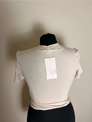Zara High-Neck Crop Short Sleeve Tee - Cream White NWT thumbnail 4