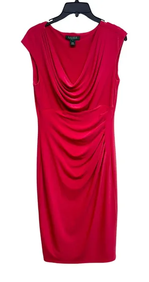 Lauren Ralph Lauren Dress Magenta Pink Ruched‎ Stretch Drape Neck Size 10 thumbnail 1