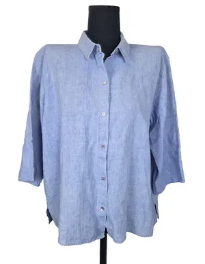 Eileen Fisher 100% Organic Linen Blue Button Down Top Size L Half Sleeve Boxy thumbnail 1