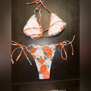 Floral Smocked Tie-Side Bikini Set - Coral & Teal thumbnail 3