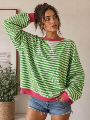 FREE PEOPLE Classic Striped Oversized Crewneck Pink Clover Combo Size M thumbnail 1
