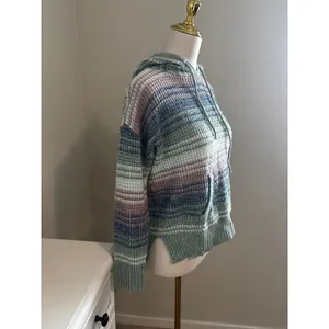 Full Circle Trends Womens‎ Waffle Knit Striped Hoodie Sweater Blue Pink Green M thumbnail 2