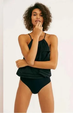 Free People Black Trust Me Bodysuit By Intimately Playsuit Ruffle Tassel Sz Sm thumbnail 1