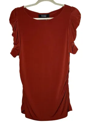 DKNY Ruched Sleeve Scoop‎ Neck Top Rust Orange Women's Size L thumbnail 1