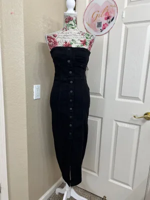 Zara Black Denim Strapless Button-Front Midi Dress with Slit thumbnail 2