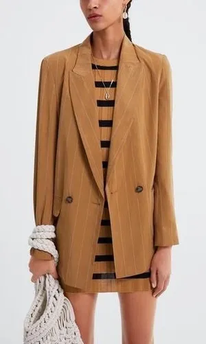 Zara Women’s Linen-blend Striped‎ Blazer Jacket in Mustard Yellow Size S thumbnail 1