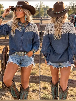 Myra Denim & Crochet Lace Western Button-Down Shirt - L Texas Nashville rodeo thumbnail 2