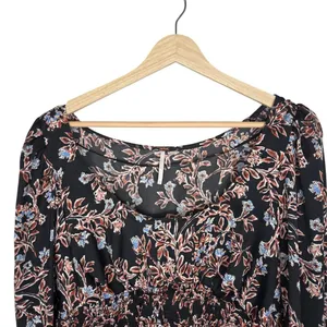 Free People Floral Smocked Crop Top L Square Neck Balloon Sleeve Black Boho thumbnail 6