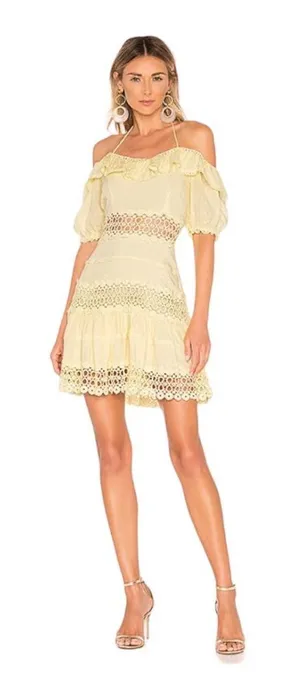 Free People Cruel Intentions Mini Dress Yellow Modal Crochet Puff Sleeve Size 4 thumbnail 1