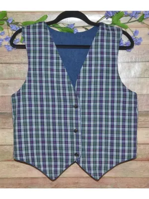 VTG Handmade Unisex S/M Blue Denim Jean Vest Plaid Reversible Country Cottage thumbnail 3