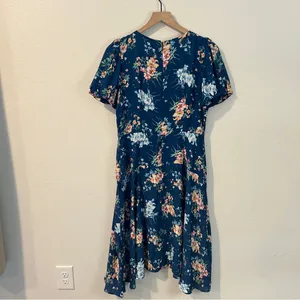 LOFT Floral Chiffon Drop Waist Puff Sleeve‎ Flutter Midi Dress Size 4 thumbnail 8