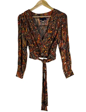 Rachel Roy Wrap Top Womens M Multicolor Paisley Tie Back Boho Festival Hippie thumbnail 1