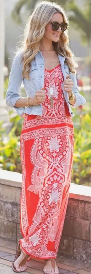 miami Coral Red Printed V-Neck Maxi Dress thumbnail 1