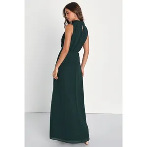 NWOT Lulus Classic Elegance Emerald Chiffon Sleeveless Mock Neck Maxi Dress Sz L thumbnail 3