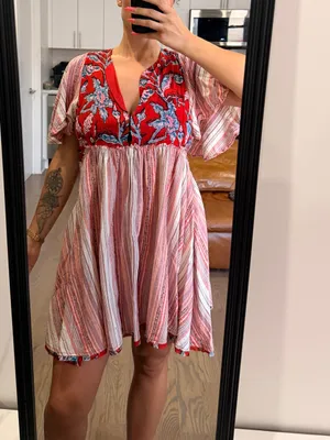 Free People Under The Sun Tunic Dress Floral Striped Red Rome thumbnail 4
