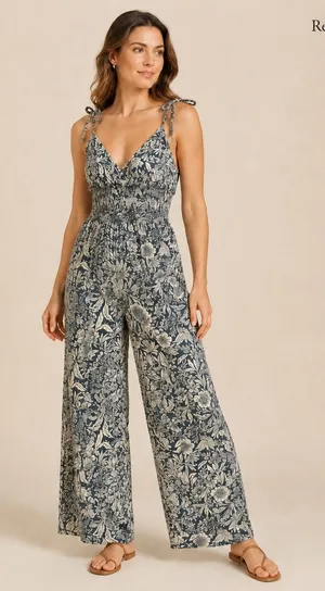 Patrons of Peace Floral Smocked Wide Leg Jumpsuit Blue Cream J1899F58 Womens S thumbnail 1